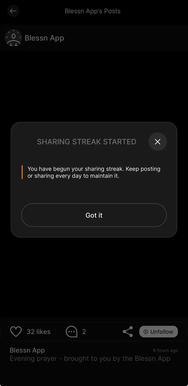 A Blessn dialog reading "Sharing streak started — you have begun your sharing streak. Keep posting or sharing every day to maintain it."
